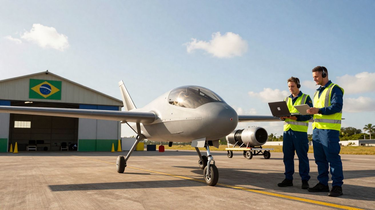 Avião pequeno estacionado em pista com dois técnicos em coletes refletivos a analisar dados em laptop e tablet.
