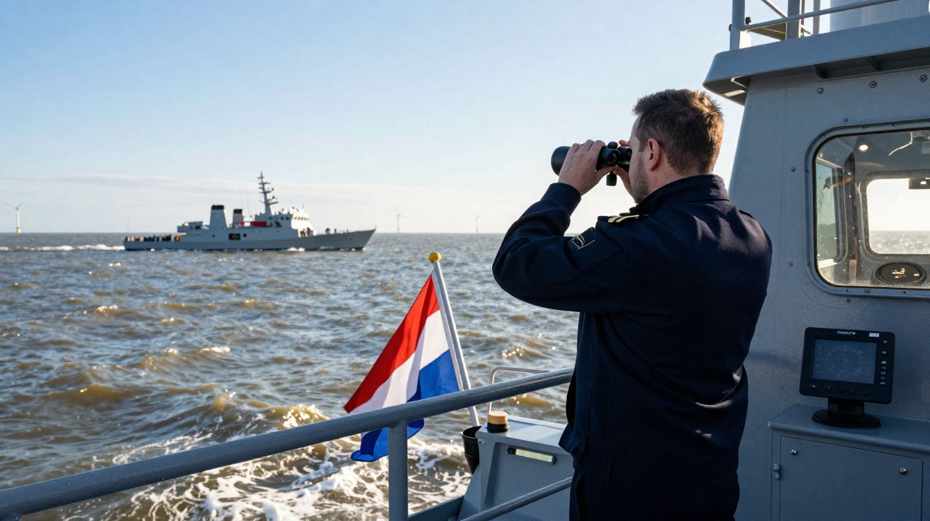 Homem em uniforme naval observa pelo binóculo no convés de um barco com bandeira dos Países Baixos à vista.