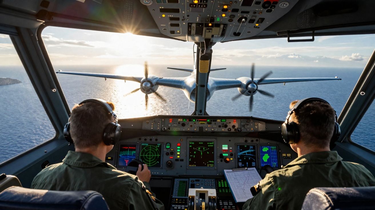 Cockpit de avião militar com dois pilotos e vista das hélices em voo sobre o mar ao pôr do sol.