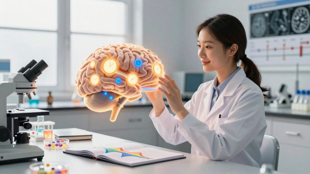 Cientista em laboratório interage com modelo holográfico de cérebro humano com ícones digitais.