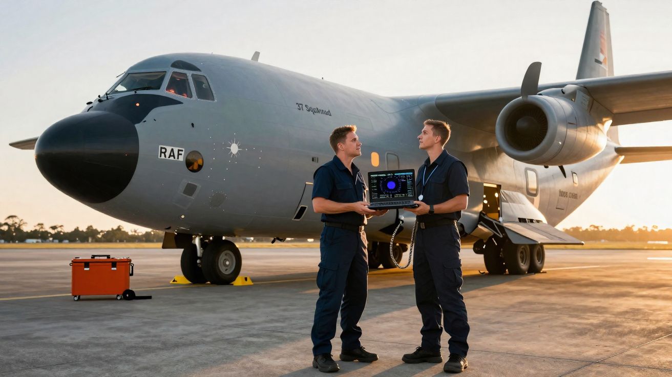 Dois técnicos junto a um avião militar RAF no aeroporto, um segura um portátil com dados no ecrã.