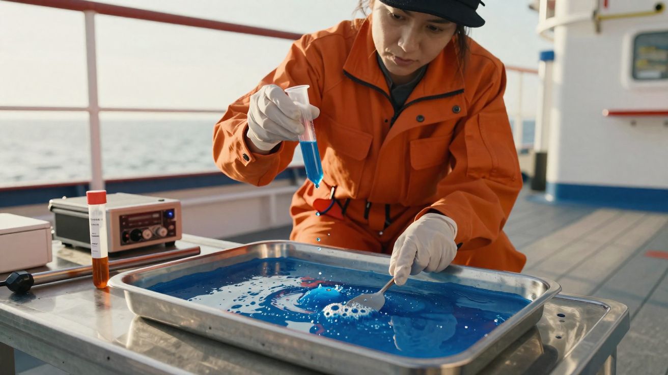 Investigadora em fato laranja analisa amostra azul numa bandeja metálica num barco no mar.