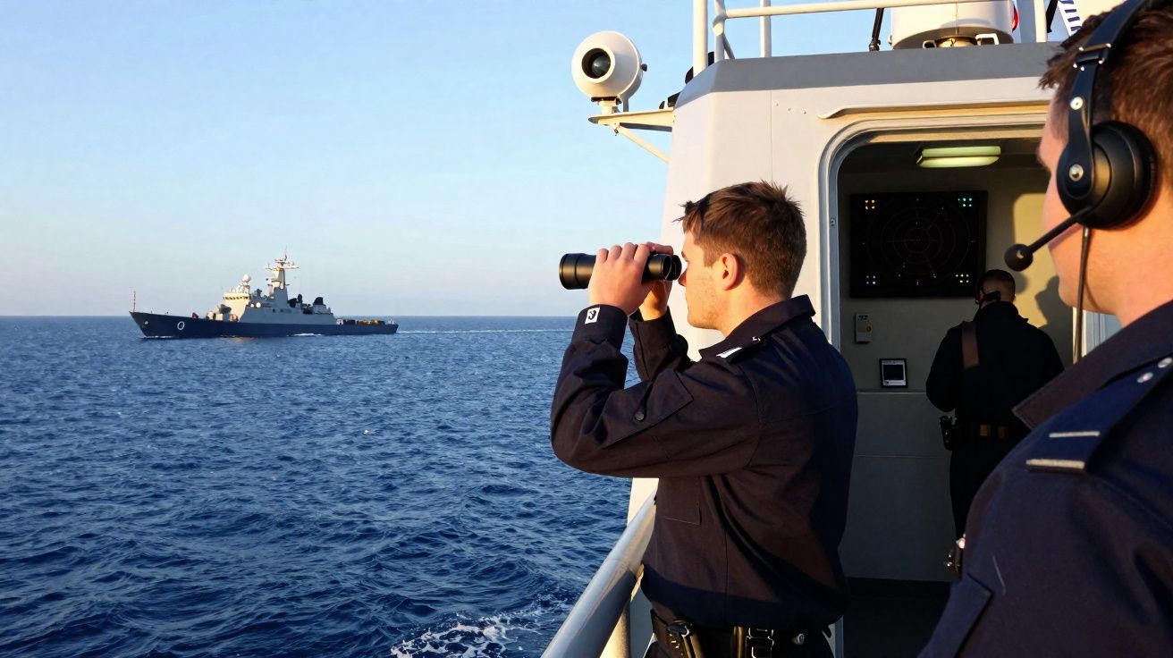 Dois tripulantes de farda naval a observar um navio militar no mar, um com binóculos.