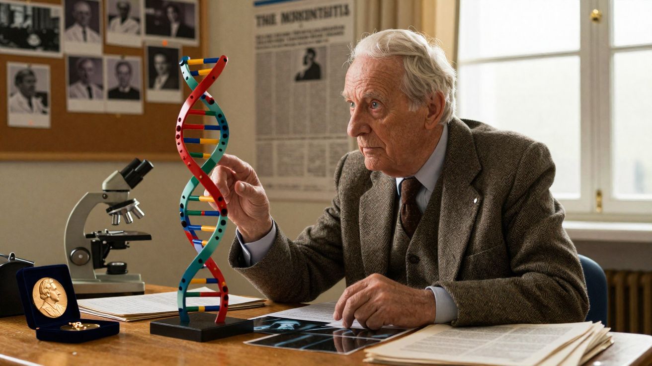 Homem idoso sentado a observar modelo de dupla hélice de ADN numa sala de estudo.