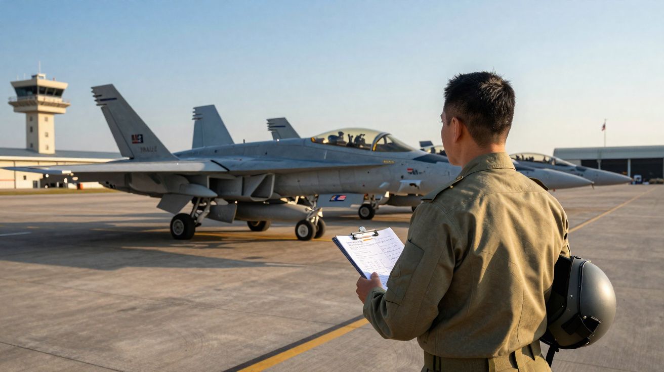 Piloto militar com fato verde observa jato de combate estacionado numa pista de aeroporto ao entardecer.