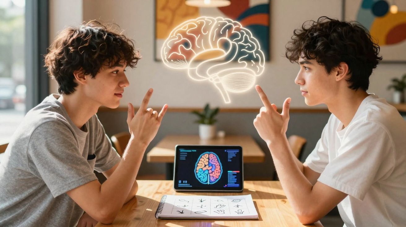 Dois jovens comunicam em língua gestual com imagem digital de cérebro e tablet com desenho cerebral entre eles.