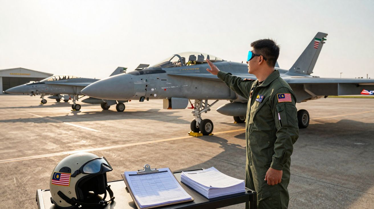 Piloto militar em fato de voo ao lado de jatos de combate estacionados em pista de aeroporto.
