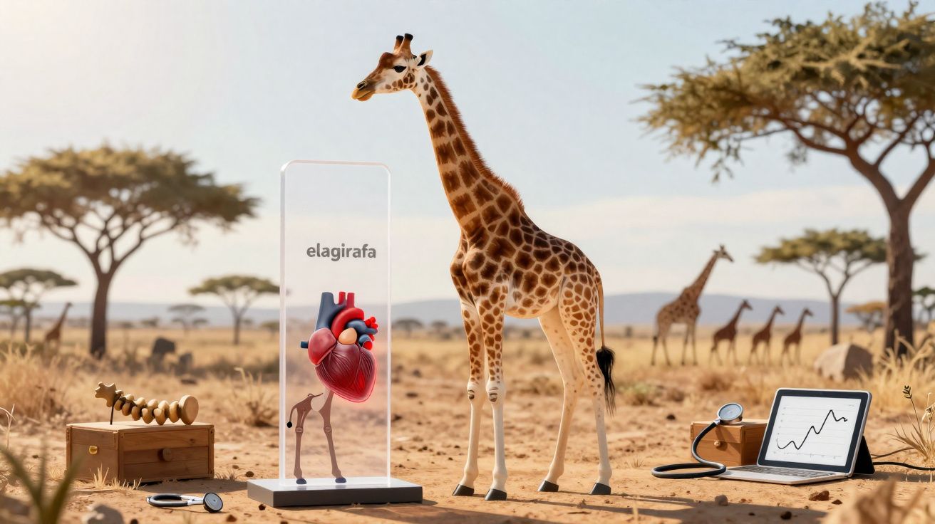 Girafa numa savana a observar um modelo anatómico do coração dentro de um dispositivo transparente.