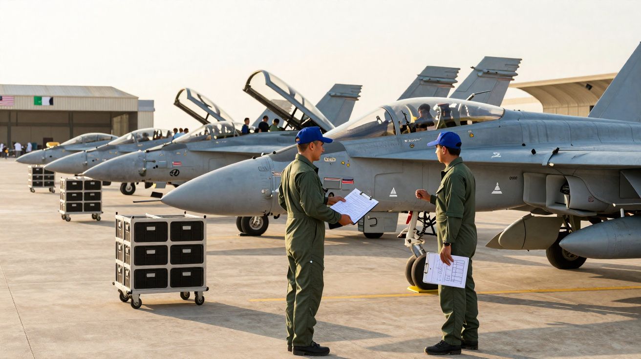 Dois militares com fatos verdes e bonés azuis conversam junto a jatos militares alinhados num aeroporto.