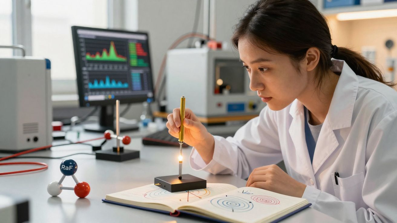 Cientista em bata branca realiza experimento com equipamento de laboratório e gráficos num caderno aberto.