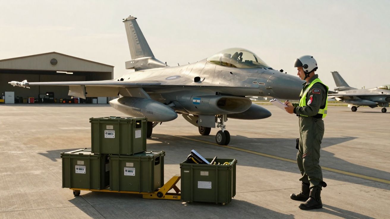 Piloto militar de capacete e colete a verificar documentação junto a caça F-16 estacionado em pista com caixas verdes.