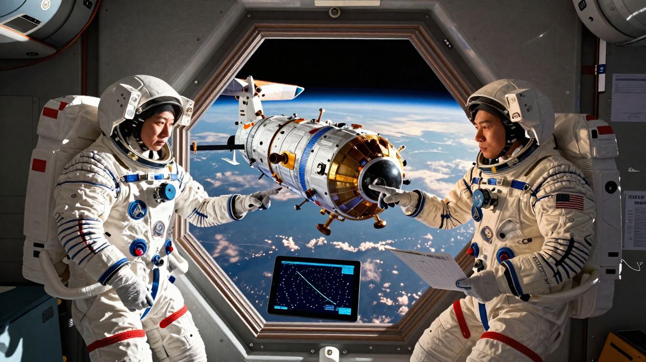 Dois astronautas em traje espacial no interior de estação espacial, com vista para a Terra e veiculo espacial.