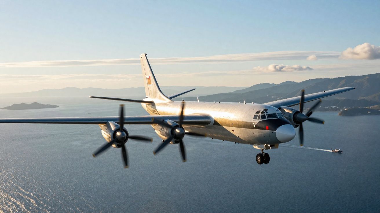 Avião clássico de quatro hélices a voar sobre o mar com montanhas e ilhas ao fundo ao entardecer.