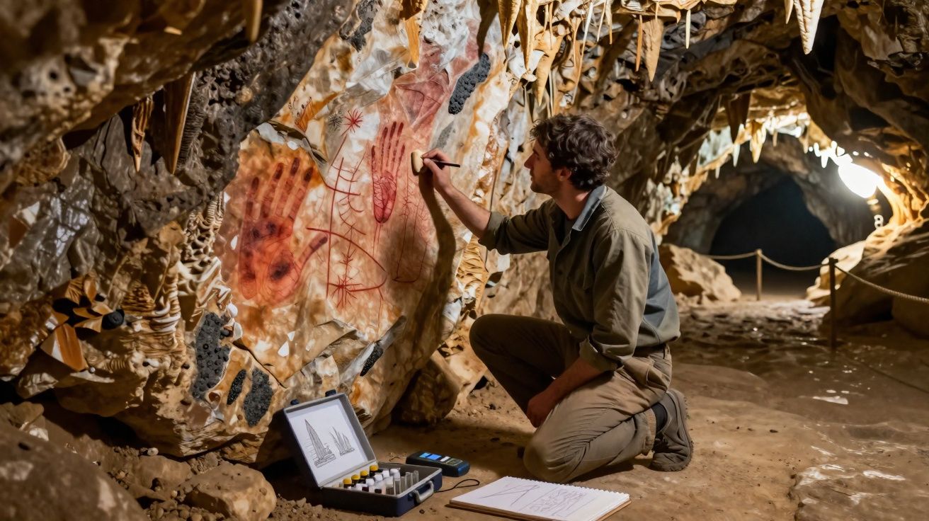 Homem pinta gravuras rupestres vermelhas numa caverna, com materiais artísticos e caderno no chão ao lado.