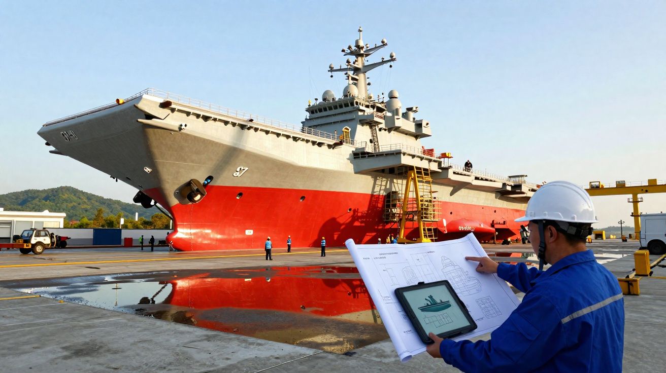 Engenheiro naval com capacete a analisar plantas e tablet junto a grande navio militar atracado no porto.
