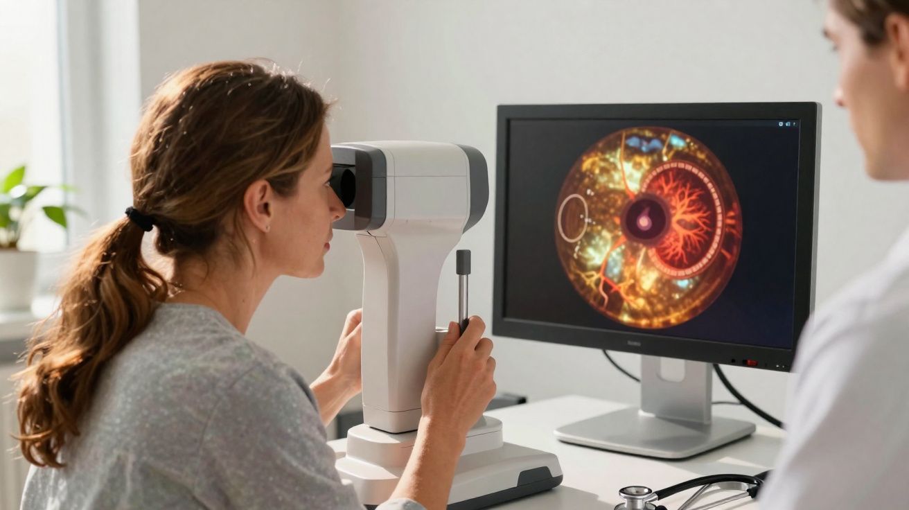 Mulher a fazer exame oftalmológico com equipamento e imagem do olho no ecrã do computador.