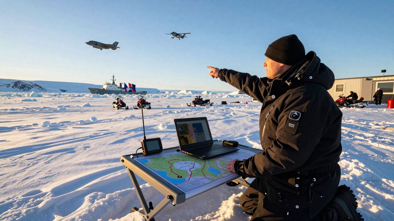 Homem em roupa pesada aponta para dois aviões a voar junto a neve com mapas e portátil num ambiente ártico.