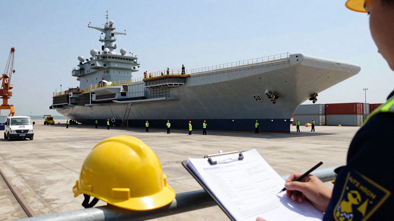 Porta-aviões atracado no porto com trabalhadores de colete refletor e capacetes amarelos a operarem nas proximidades.