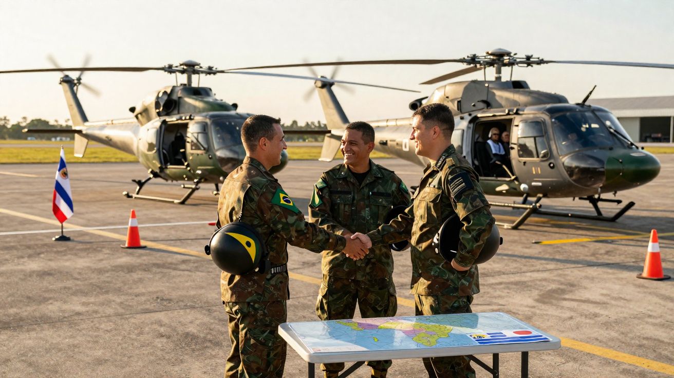 Três militares em uniformes camuflados apertam as mãos junto a uma mesa com mapa, com helicópteros ao fundo.