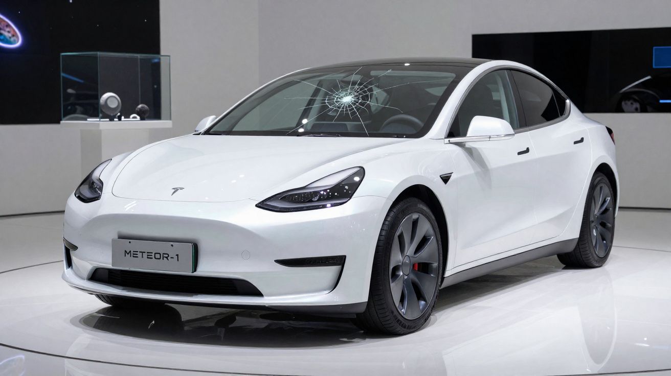 Carro elétrico branco Tesla Meteor-1 com vidro dianteiro partido exposto em salão automóvel.