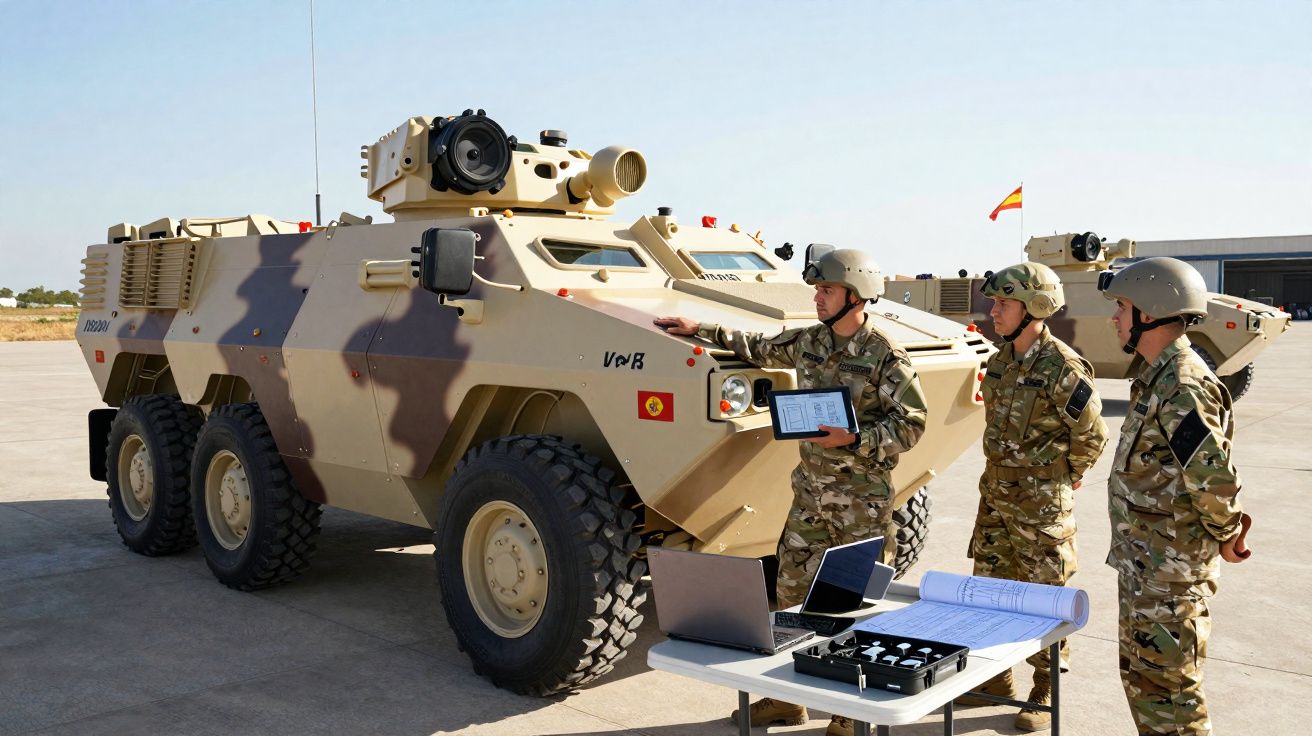 Três soldados em uniforme camuflado perto de um veículo blindado militar cor bege e mesa com equipamentos ao ar livre.