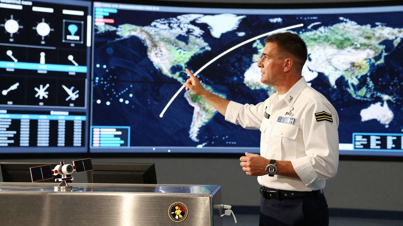 Homem em farda militar aponta para trajectória de satélite exibida em ecrã com mapa-mundo atrás.