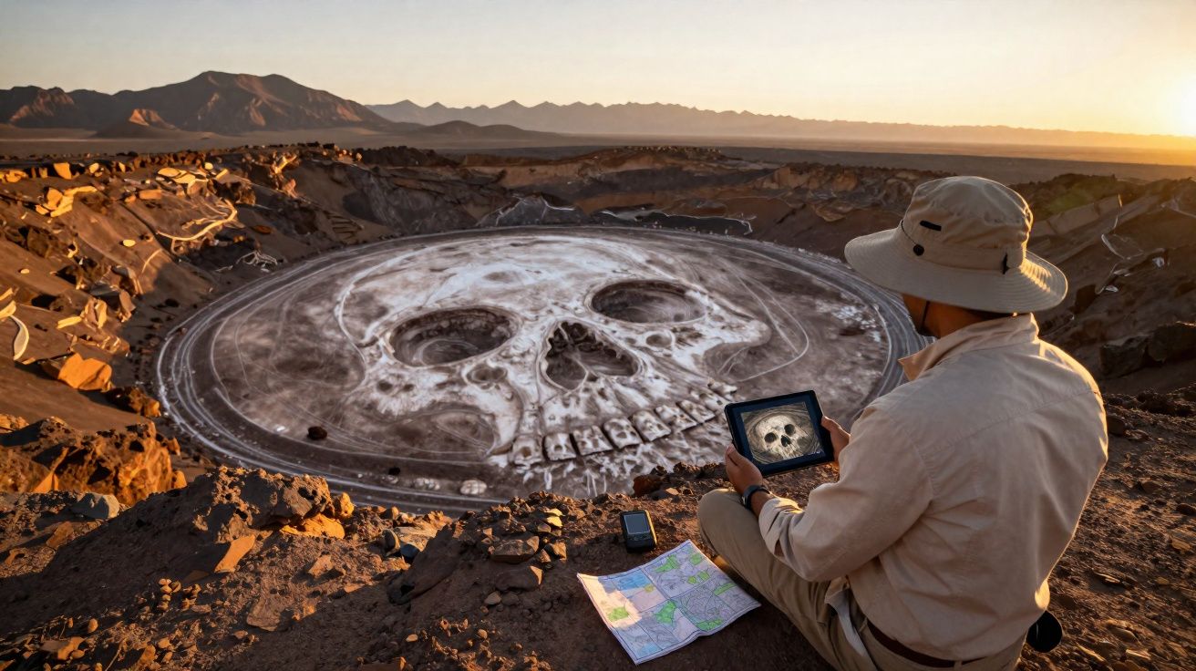 Homem com chapéu observa grande desenho de caveira no deserto ao pôr do sol.