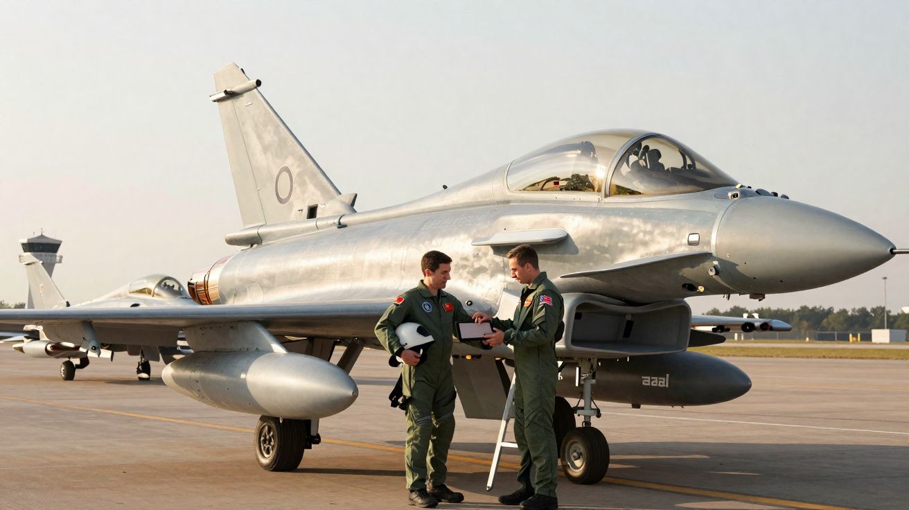 Dois pilotos em fato de voo verde conversam ao lado de um caça militar estacionado na pista.