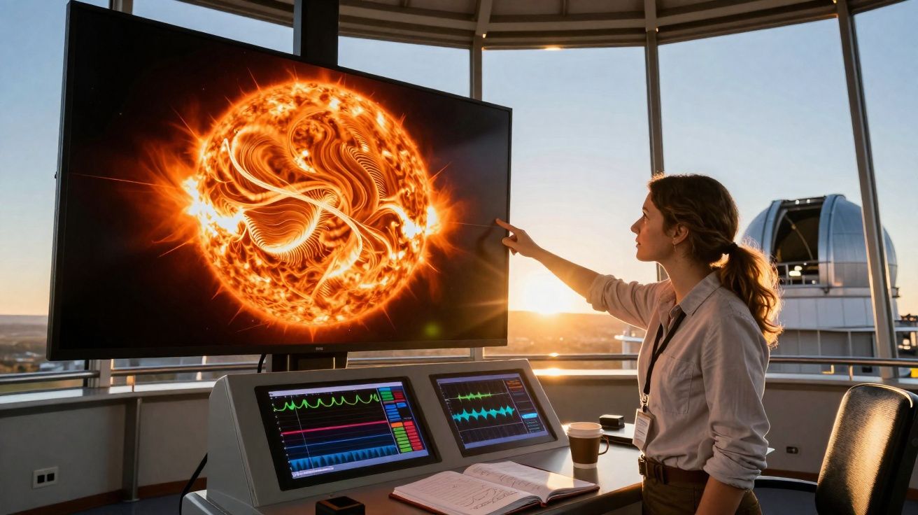 Mulher a analisar imagens solares e dados astronómicos num centro de observação ao pôr do sol.