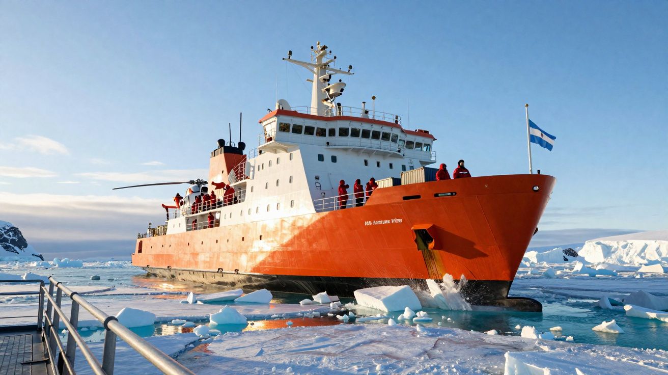 Navio de exploração polar vermelho navegando em águas geladas com icebergues visíveis ao redor.