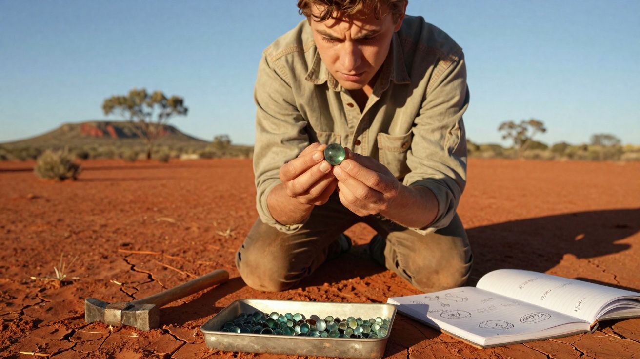 Homem ajoelhado em solo seco observa esfera enquanto estuda notas e tem um martelo ao lado.