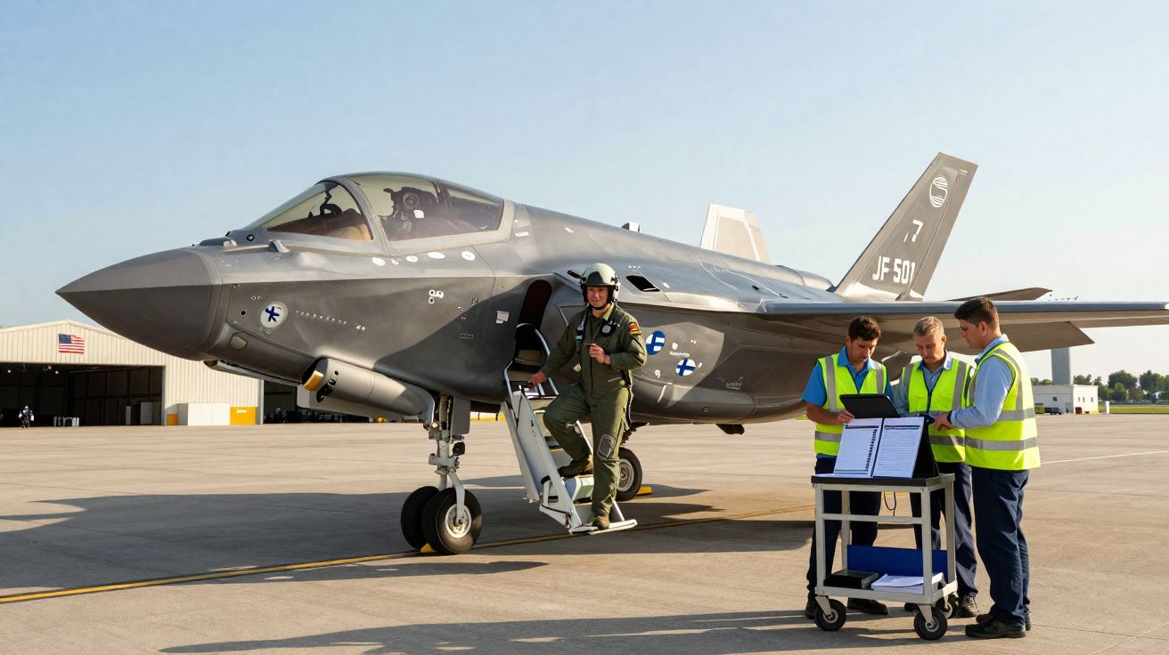 Caça F-35 estacionado em pista com piloto a sair e três técnicos a analisar dados em computador portátil.