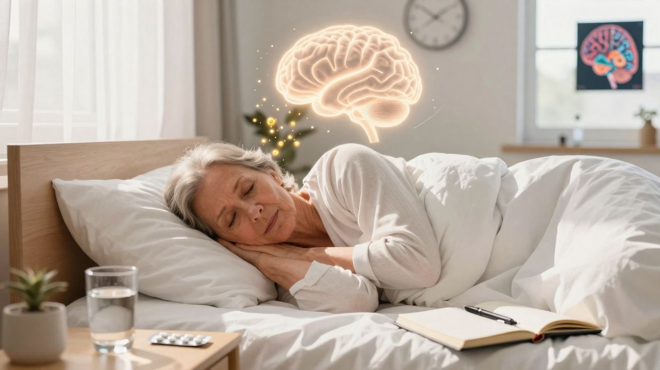 Mulher idosa a dormir na cama com imagem holográfica de cérebro flutuante acima dela.