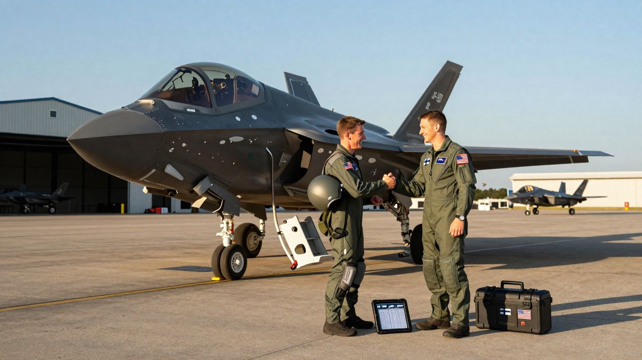 Dois pilotos militares apertam as mãos junto a um avião de caça estacionado num aeródromo ensolarado.