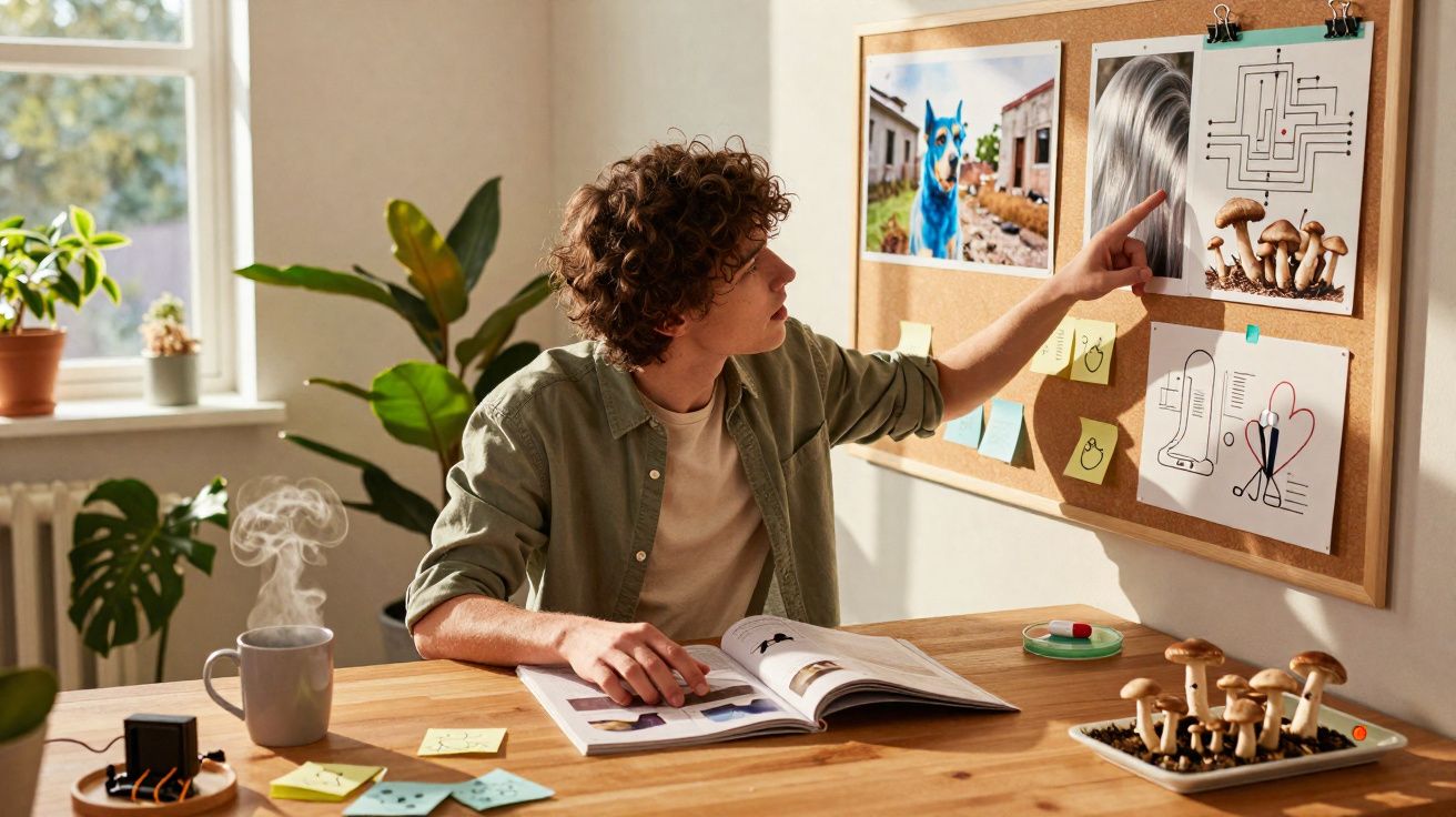Jovem sentado a estudar, a apontar para um quadro com fotos e desenhos numa sala iluminada pela luz natural.