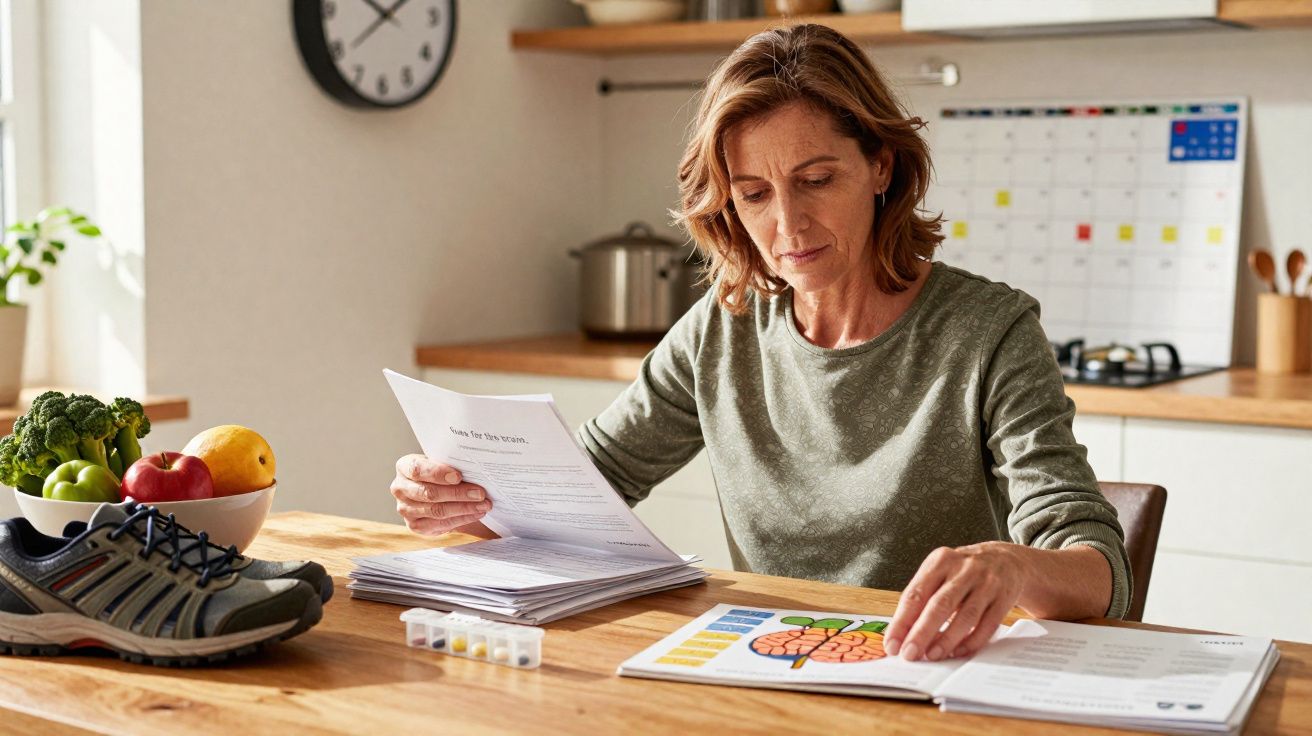 Mulher a analisar documentos e gráficos sentada à mesa na cozinha com fruta e sapatilhas ao lado.