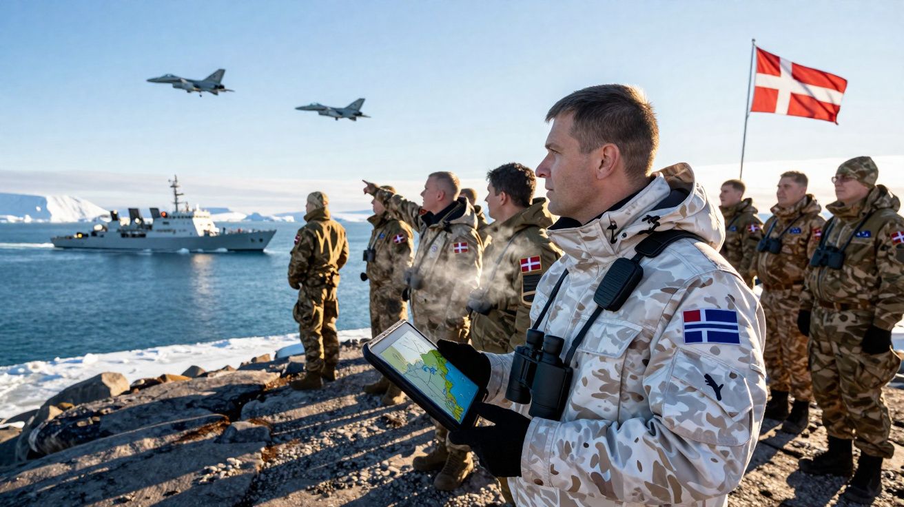 Militares dinamarqueses em uniforme de inverno observam dois jatos sobrevoando próximo a um navio no mar congelado.