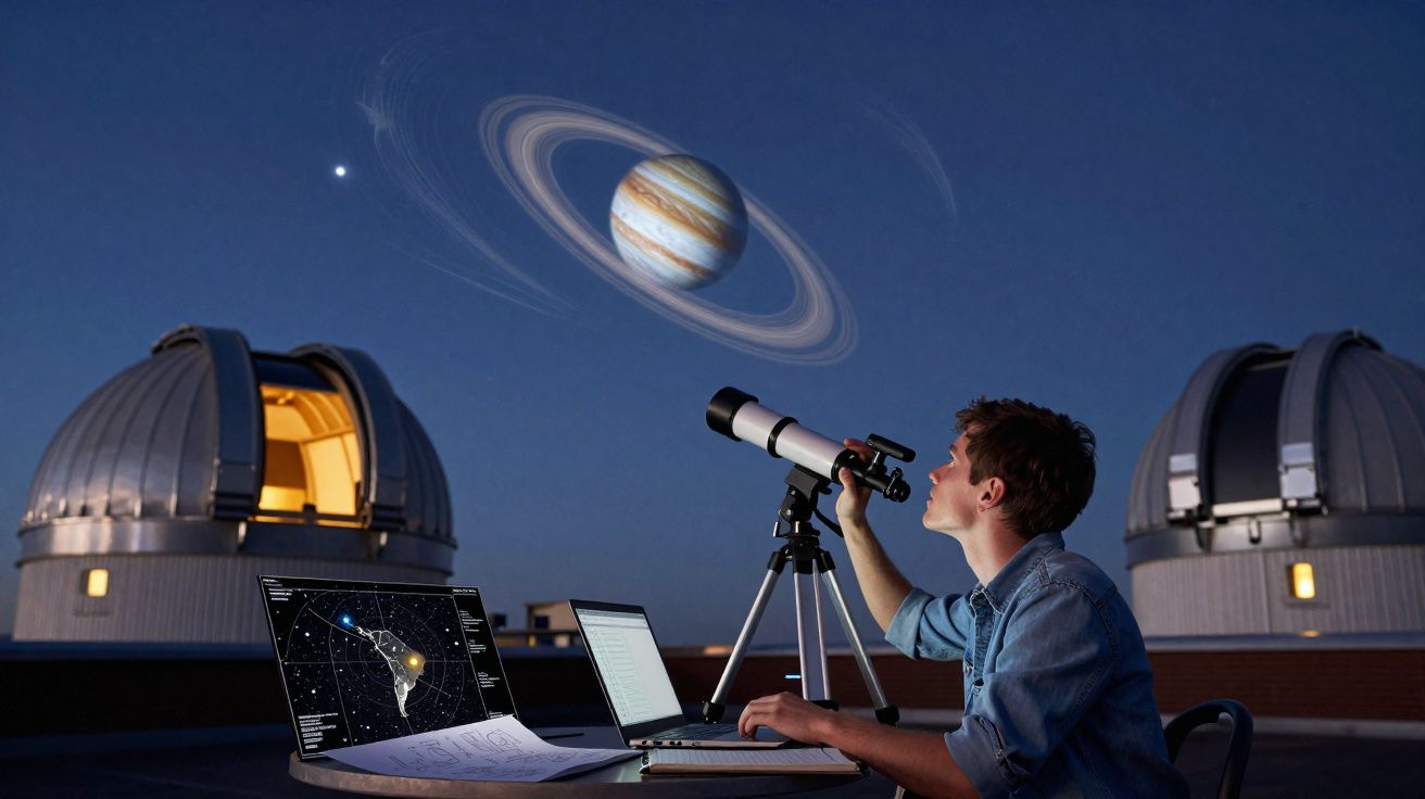 Jovem observa planeta gigantesco com anéis através de telescópio em observatório astronómico à noite.