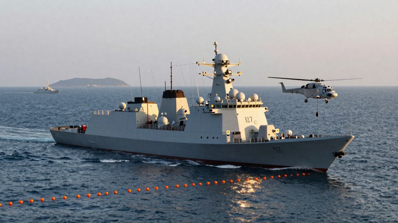 Navio militar cinzento no mar com um helicóptero a pairar ao lado e uma linha de bóias laranja na água.