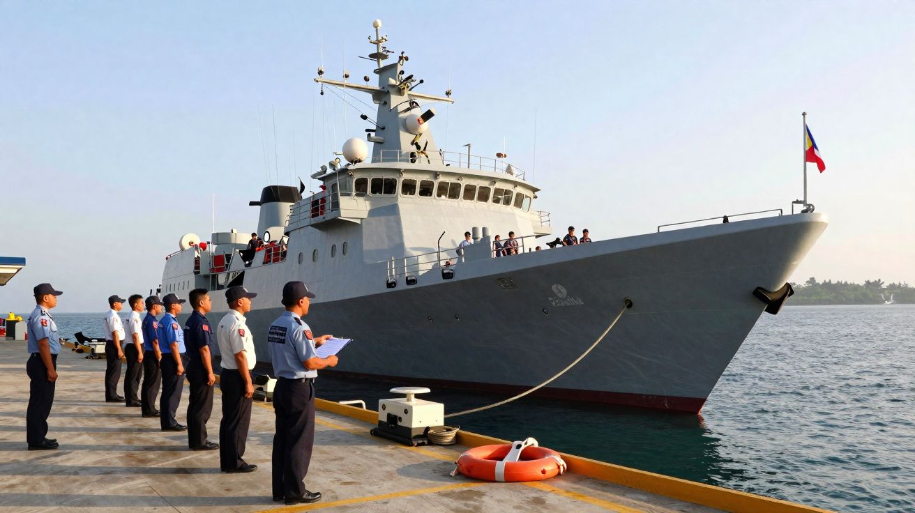 Marinha em formação em cais ao lado de navio militar ancorado em mar calmo.