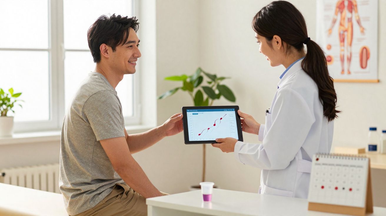 Médica mostra gráfico de saúde no tablet a um paciente sorridente na consulta num consultório iluminado.