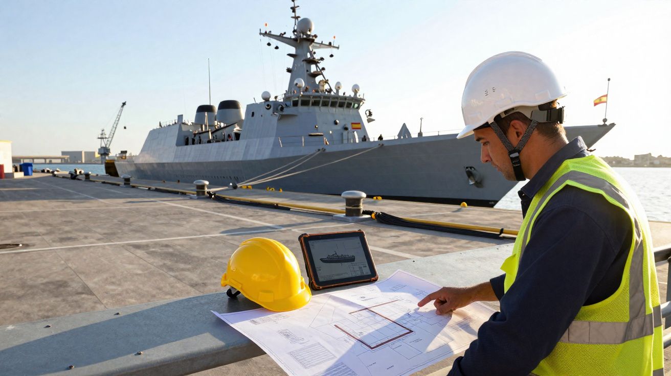Engenheiro naval com capacete e colete a analisar plantas num porto junto a um navio da marinha.