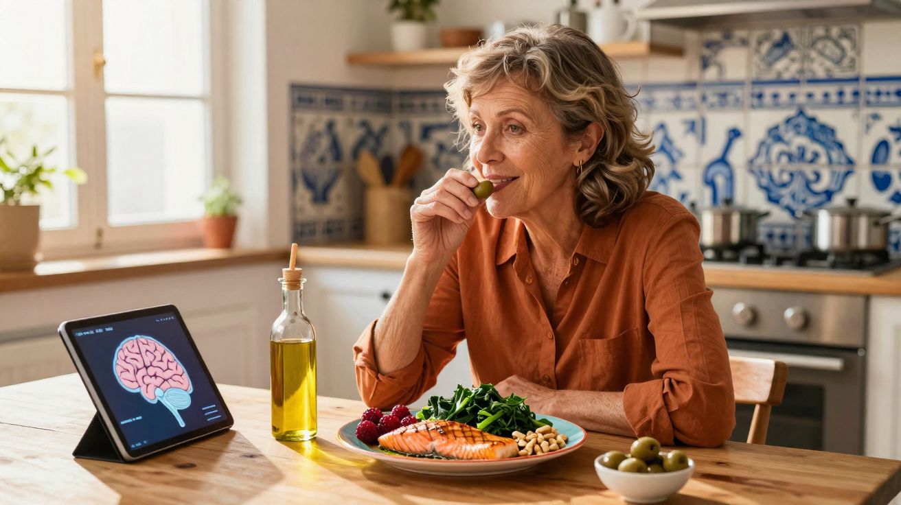 Mulher sénior a comer uma azeitona na cozinha, com prato saudável e tablet a mostrar imagem de cérebro.
