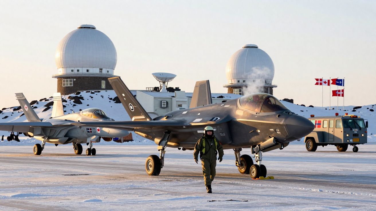 Caça F-35 e F-18 em pista nevada com técnico militar a caminhar e observatórios ao fundo.