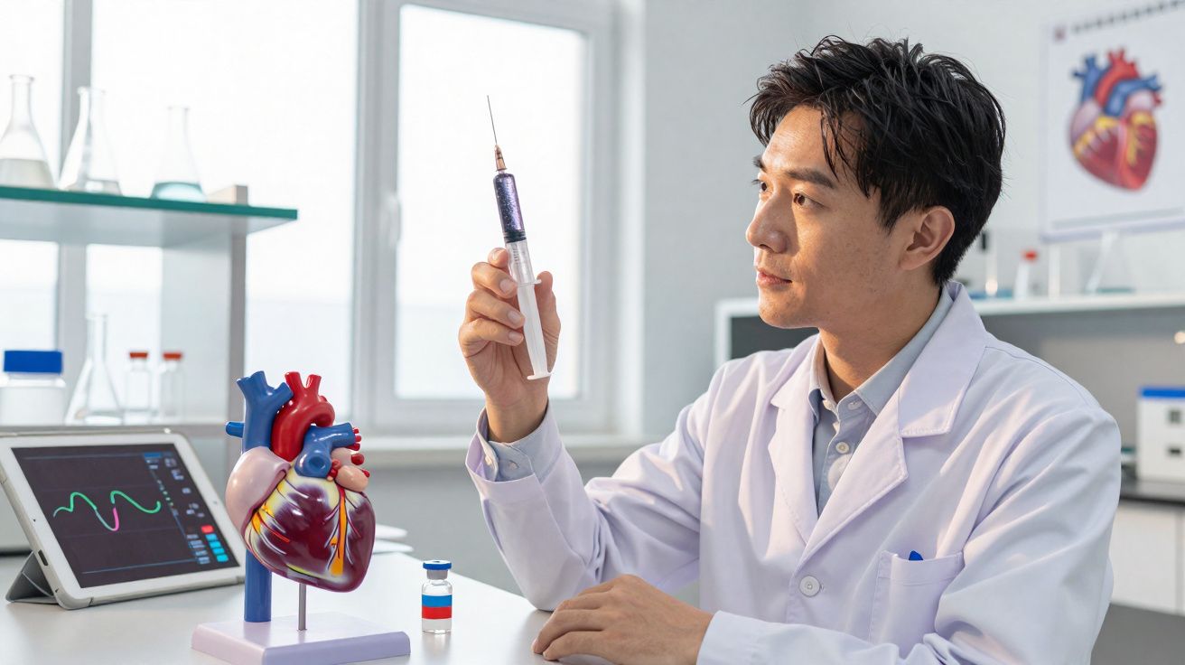 Cientista com bata branca segura seringa com líquido roxo em laboratório com modelo de coração e monitor cardíaco.
