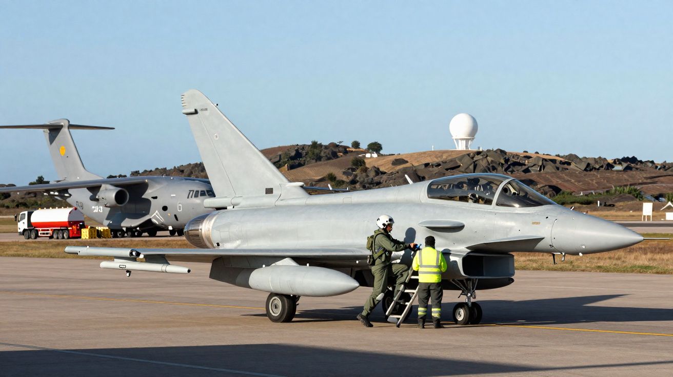 Caça militar cinzento no solo com dois militares ao lado em aeroporto com outro avião ao fundo.
