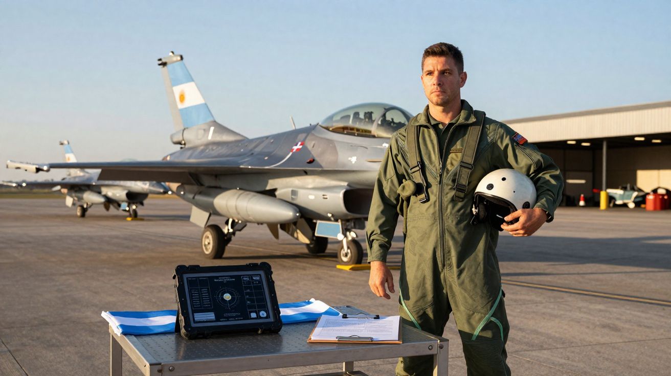 Piloto militar com fato de voo e capacete na mão junto a jato de combate na pista de aeroporto.