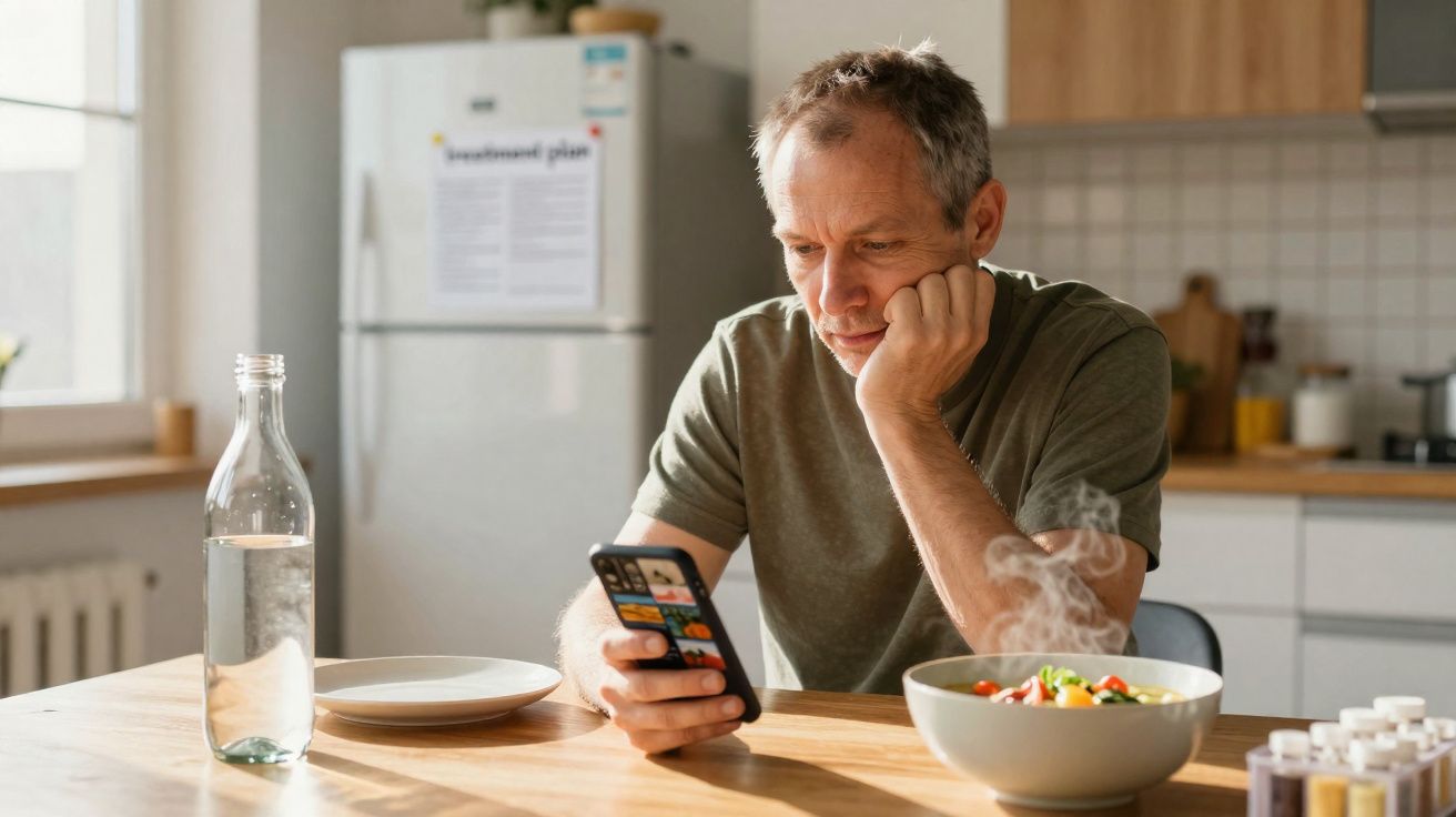 Homem sentado à mesa da cozinha a olhar para o telemóvel com uma tigela de comida quente e garrafa de água à sua frente.