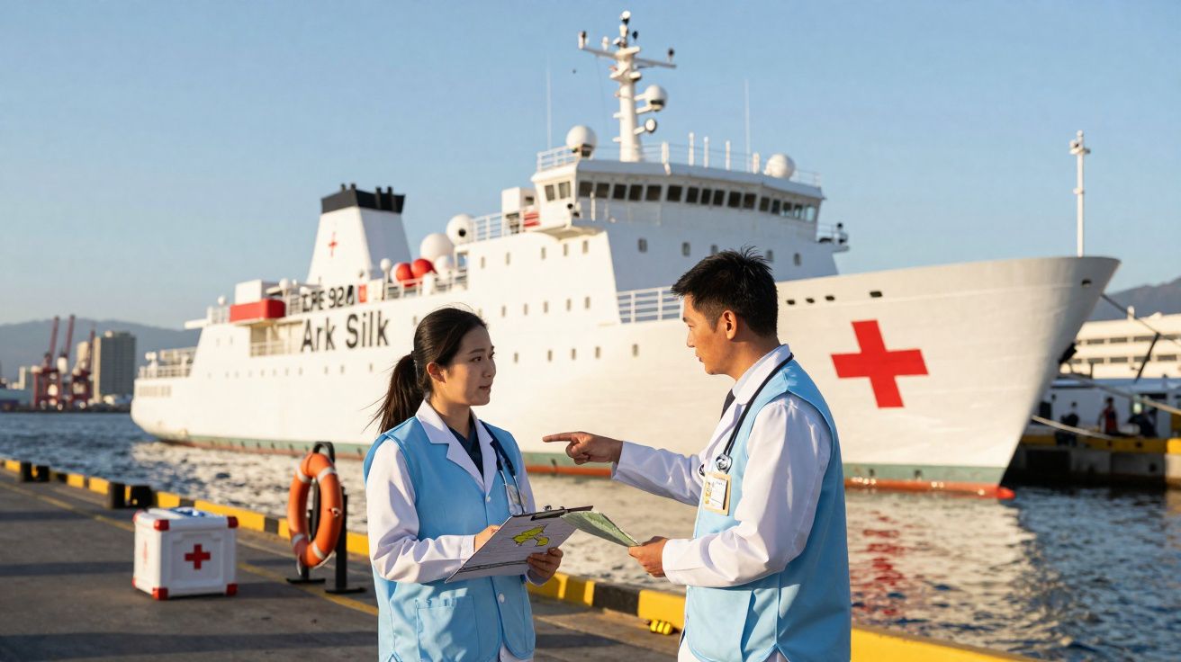 Dois profissionais de saúde em uniforme azul discutem documentos junto a um navio hospital com cruz vermelha.