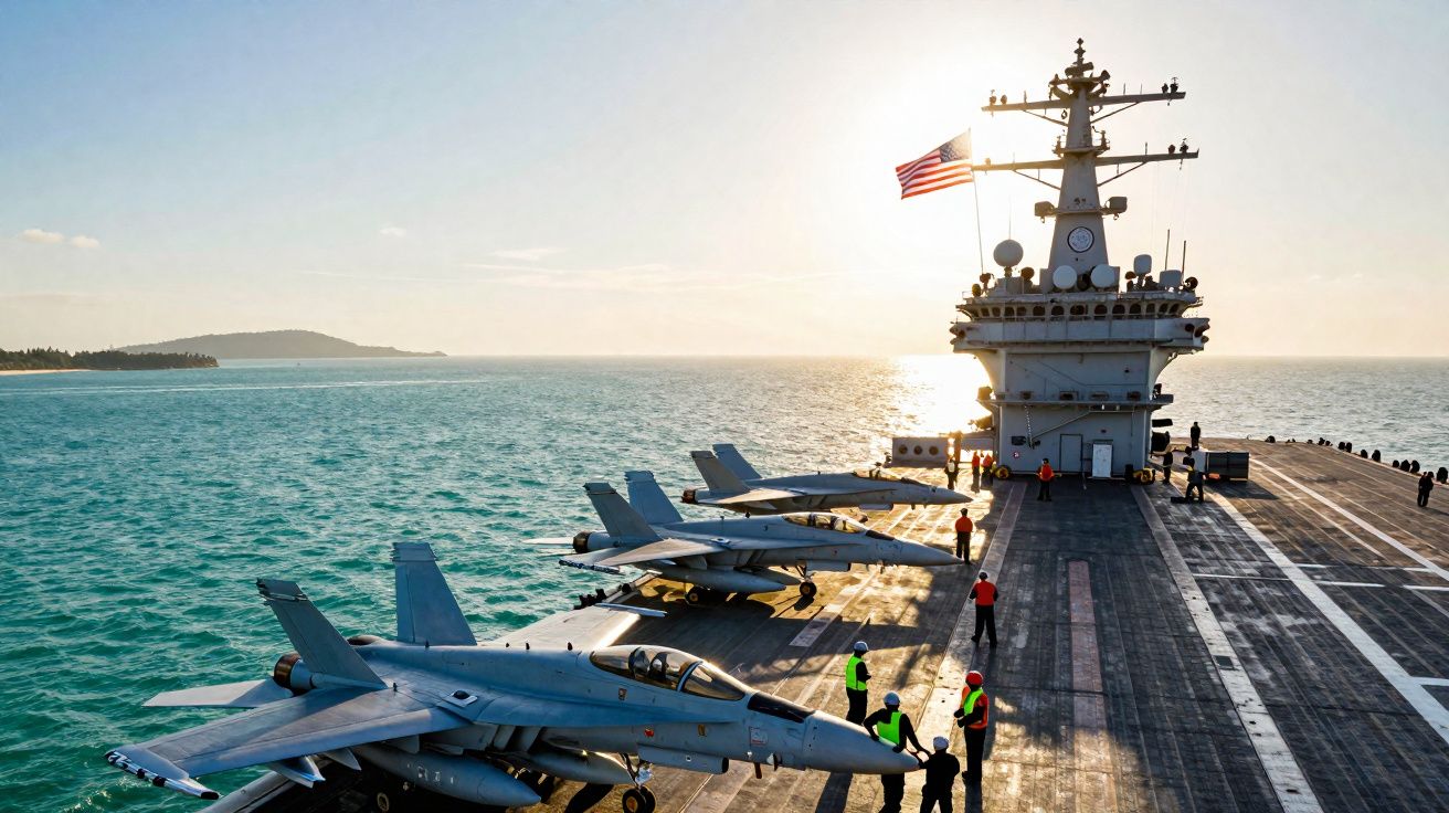 Porta-aviões com jatos militares no convés ao pôr do sol em alto mar com bandeira dos Estados Unidos.